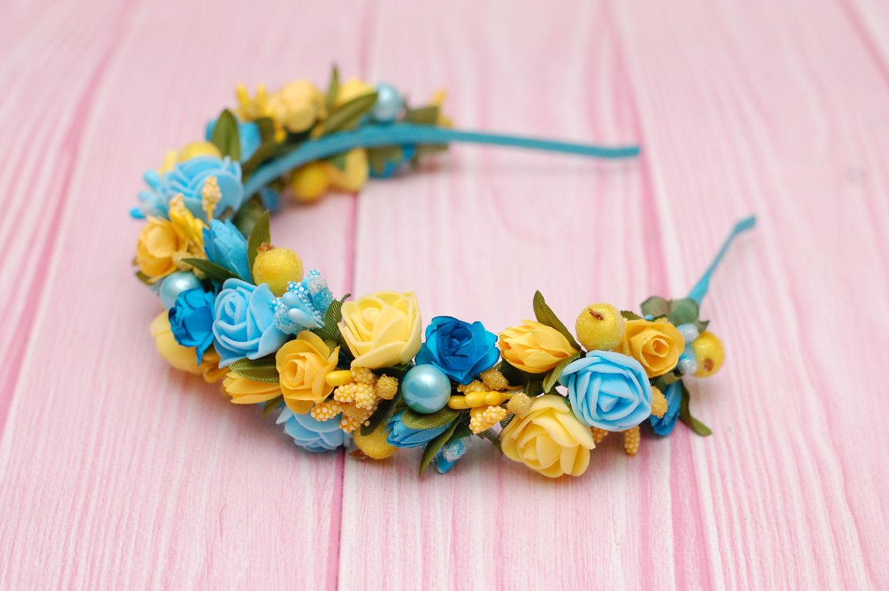 Обруч для волосся / обідок на голову пишний з квітами жовто-блакитний, фото 1