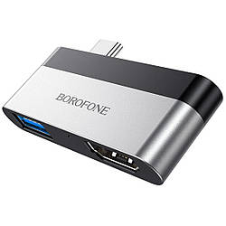 Перехідник адаптер Хаб Type-C to HDMI+USB3.0 Borofone DH2 Сірий