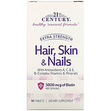 Комплекс для здоров'я волосся, шкіри та нігтів 21st Century "Hair, Skin & Nails" посилений (90 таблеток)