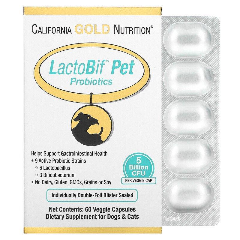 Пробіотики для котів і собак California GOLD Nutrition "LactoBif Pet" 5 млрд КУО (60 капсул)