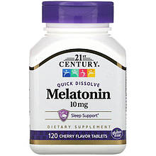 Мелатонін, 21st Century "Melatonin" здоровий цикл сну, 10 мг, вишневий смак (120 швидкорозчинних таблеток)