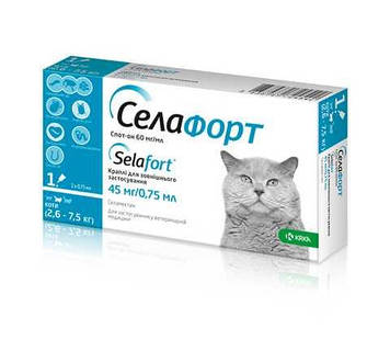 Селафорт для котів вагою 2,6-7,5 кг KRKA. Краплі від блох, кліщів, гельмінтів спот-он 45мг  0,75 мл