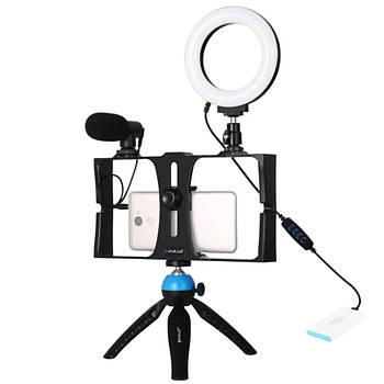 Набір зі світлом та мікрофоном для блогера Puluz PKT3025L blue +клетка-стабілізатор Синий