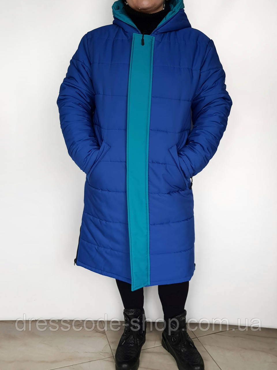 Синя  зимова стильна  жіноча куртка-пальто на блискавці