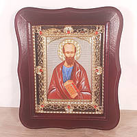 Икона Святой Апостол Павел, лик 10х12 см, в темном деревянном киоте с камнями