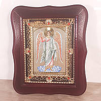 Икона Святой Ангел Хранитель, лик 10х12 см, в темном деревянном киоте с камнями