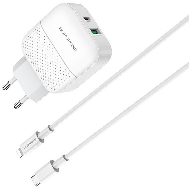 Мережевий зарядний пристрій із швидкою зарядкою PD20W QC3.0 + кабель Type-C to Lightning BOROFONE BA46A Білий