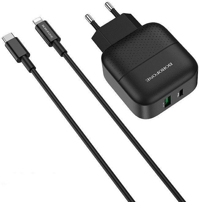 Мережевий зарядний пристрій із швидкою зарядкою PD20W QC3.0 + кабель Type-C to Lightning BOROFONE BA46A Чорний