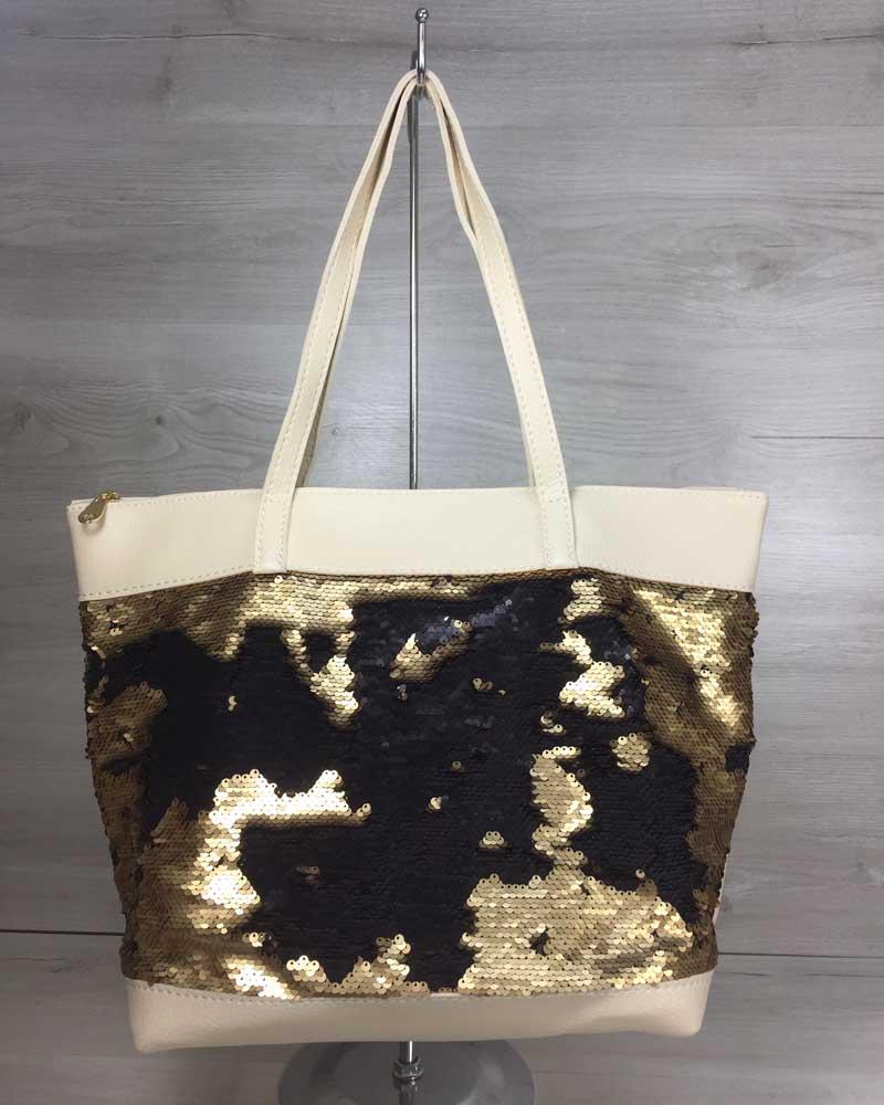 Жіноча сумка Лейла бежевого кольору з двосторонніми паєтками золото-чорний