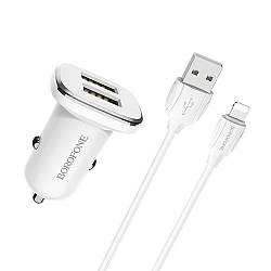 Автомобільний зарядний пристрій Borofone BZ12 2USB 2.4A кабель Lightning 2.4A, White