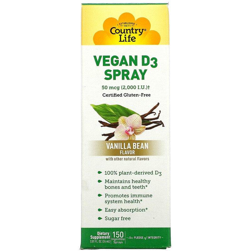 Спрей з вітаміном D3 Country Life "Vegan D3 Spray" смак ванільних бобів, 2000 МО (24 мл)