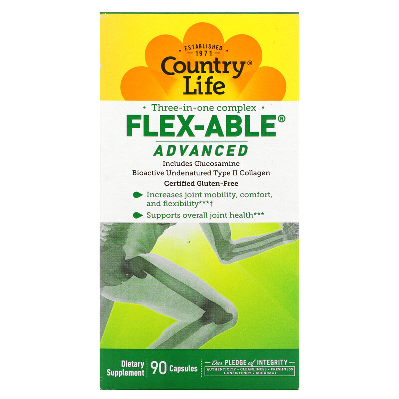 Біоактивний колаген II типу Country Life "Flex Able Advanced Includes Glucosamine" з глюкозаміном (90 капсул)