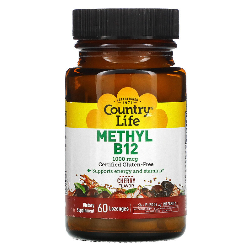 Вітамін В-12 Country Life "Methyl B12" вишневий смак, 1000 мкг (60 льодяників)