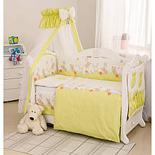 Комплект змінної постільної білизни в дитяче ліжечко  з балдахіном та захистом, Горошки зелені