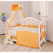 Комплект змінної постільної білизни в дитяче ліжечко  з балдахіном та захистом, Горошки оранжеві