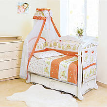 Комплект змінної постільної білизни в дитяче ліжечко  з балдахіном та захистом, Ведмедики з зіркою теракот