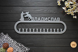 Сіра іменна медальниця, вішалка для медалей "Айкідо", з дерева