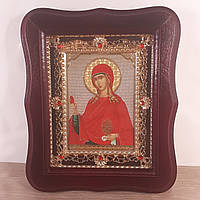 Икона Равноапостольной Марии Магдалине, лик 10х12 см, в темном деревянном киоте с камнями