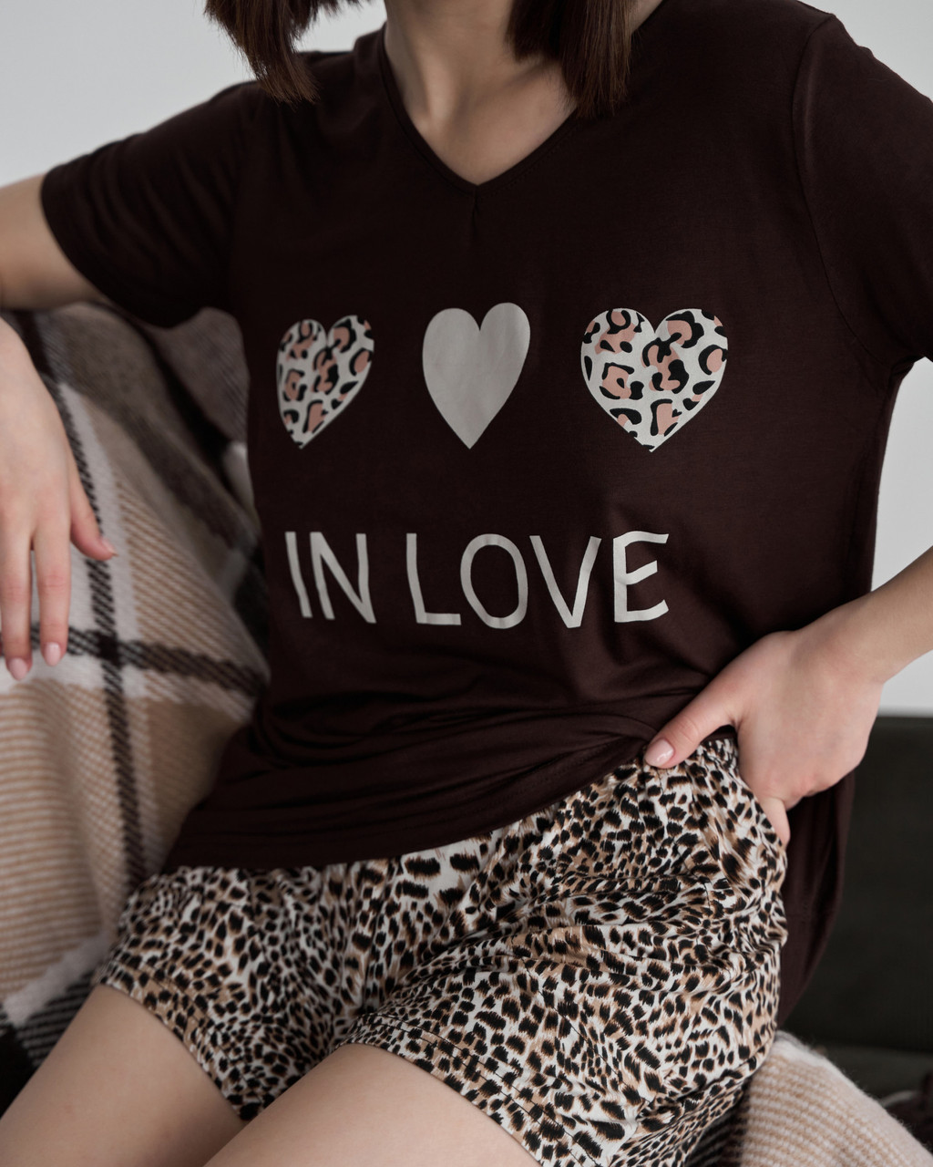 Літній костюм із шортами з леопардовим принтом "IN LOVE", жіночий повсякденний комплект S,M, L,XL,