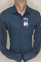 Рубашка мужская MirTaron vd-0002 синяя в клетку приталенная Турция с длинным рукавом, стильная, молодёжная