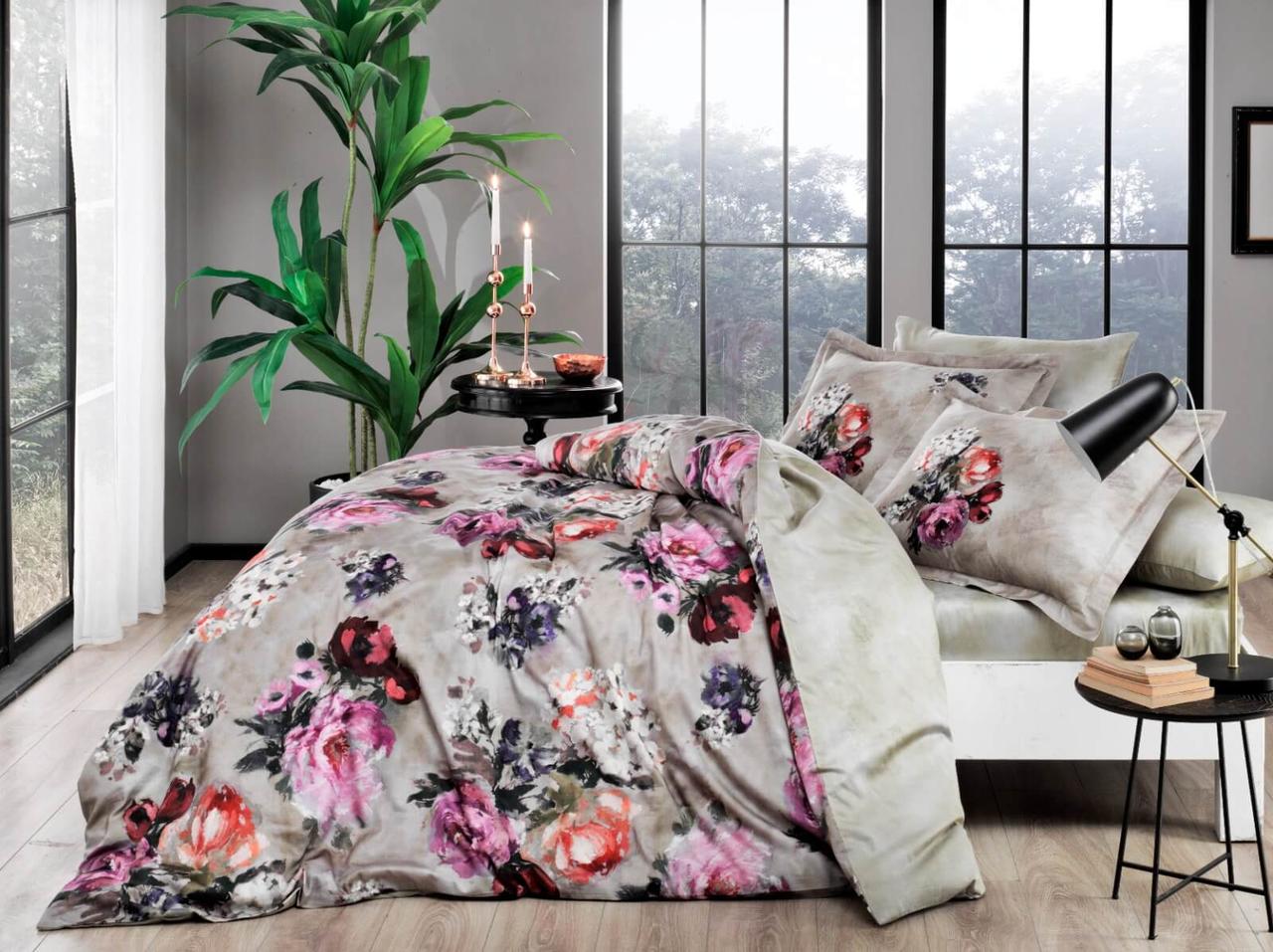 Сімейна Турецька Постільна Білизна TAC Selva Beige Сатин Digital 160х220см (2 шт), фото 1