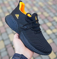 Чоловічі кросівки Adidas Alphabounce весна-осінь демісезонні текстиль чорні поморанчевим. Живе фото