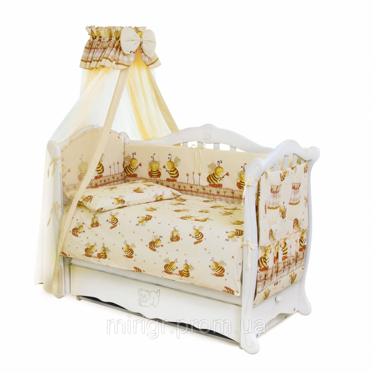 Комплект змінної постільної білизни в дитяче ліжечко з балдахіном та захистом, Бджілки, бежевий