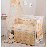 Комплект сменного постельного белья в детскую кроватку  с балдахином и защитой, Зайчики с полосками