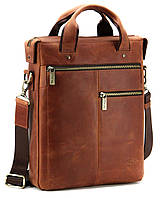 Чоловіча коричнева сумка зі шкіри А4 вертикальна, сумка месенджер руда шкіряна з ременем через плече