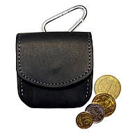 Кожаная монетница на пояс Grande Pelle, небольшой кошелек для монет с карабином, черный цвет, матовый топ