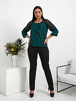 Ніжна блуза з мереживом, арт. 117, колір бутилочний зелений