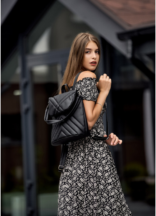 Черный городской молодежный модный рюкзак женский стеганый с эко кожи - фото 3 - id-p1247991320