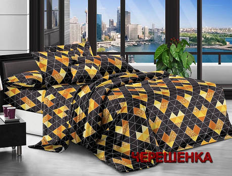 Тканина для постільної білизни Бязь "Gold" Lux GL1675A (50м) чорна геометрія, помаранчеві серця, фото 1