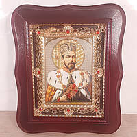 Икона Святой царь Мученик Николай Александрович, лик 10х12 см, в темном деревянном киоте с камнями