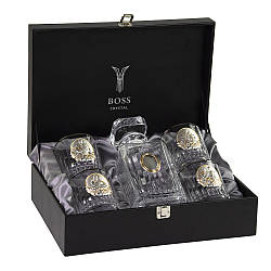 Набір для віскі Boss Crystal "Козаки": графин, 4 склянки з платиною, накладки золото та срібло