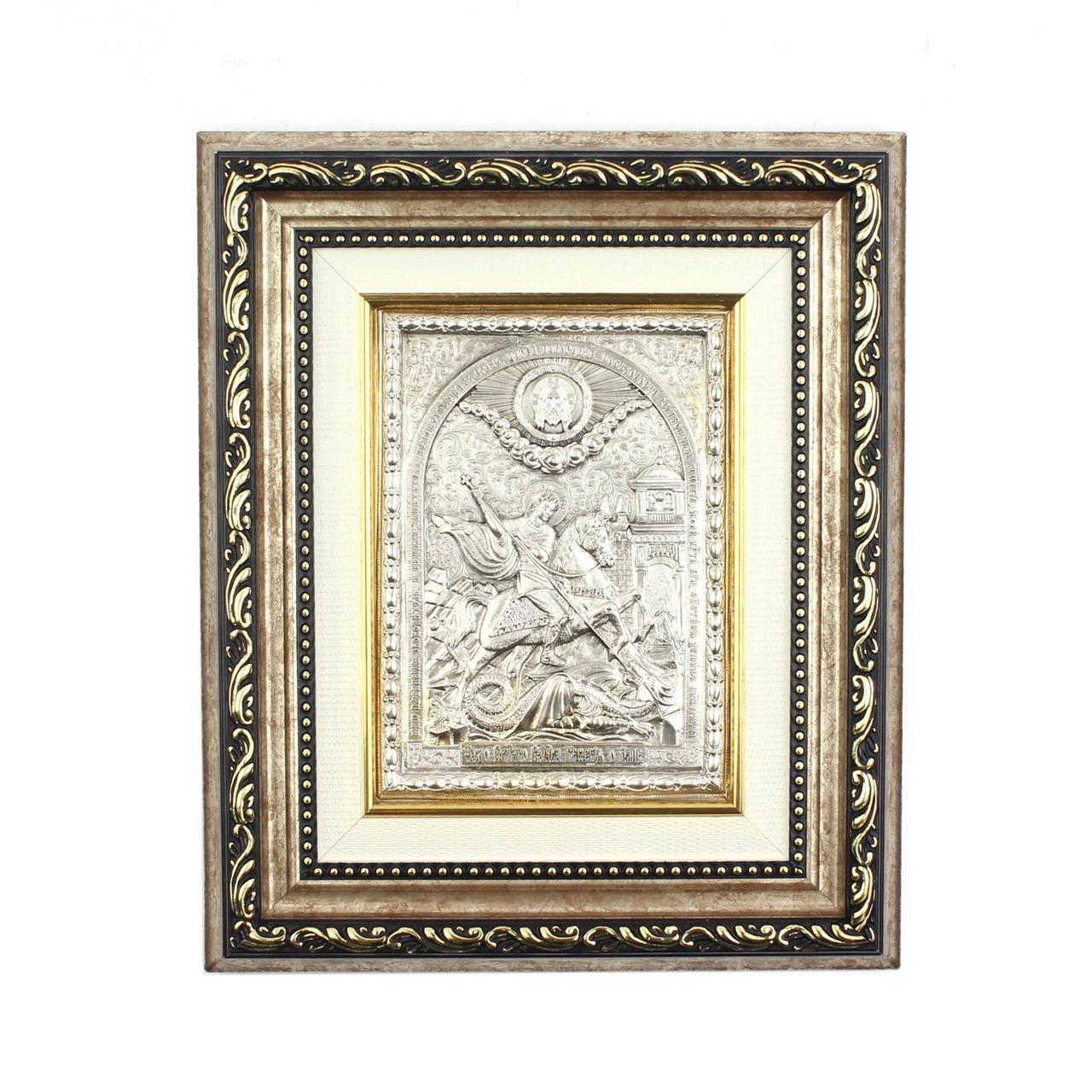 Ікона «Георгій Переможець» на дереві з міддю та сріблом, 26 х 22 см, фото 1