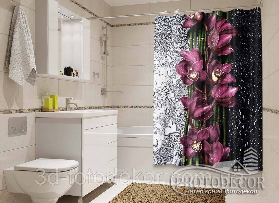 Фото Шторка у ванну з орхідеями "Крапля краси" 1,64м * 1,31м, кріплення люверси