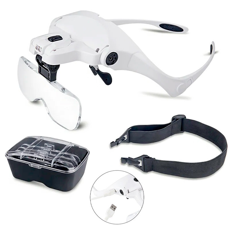 Лупа налобна бінокулярна 9892B2C з LED-підсвіткою, вбудованим акумулятором і зарядкою від USB, фото 1