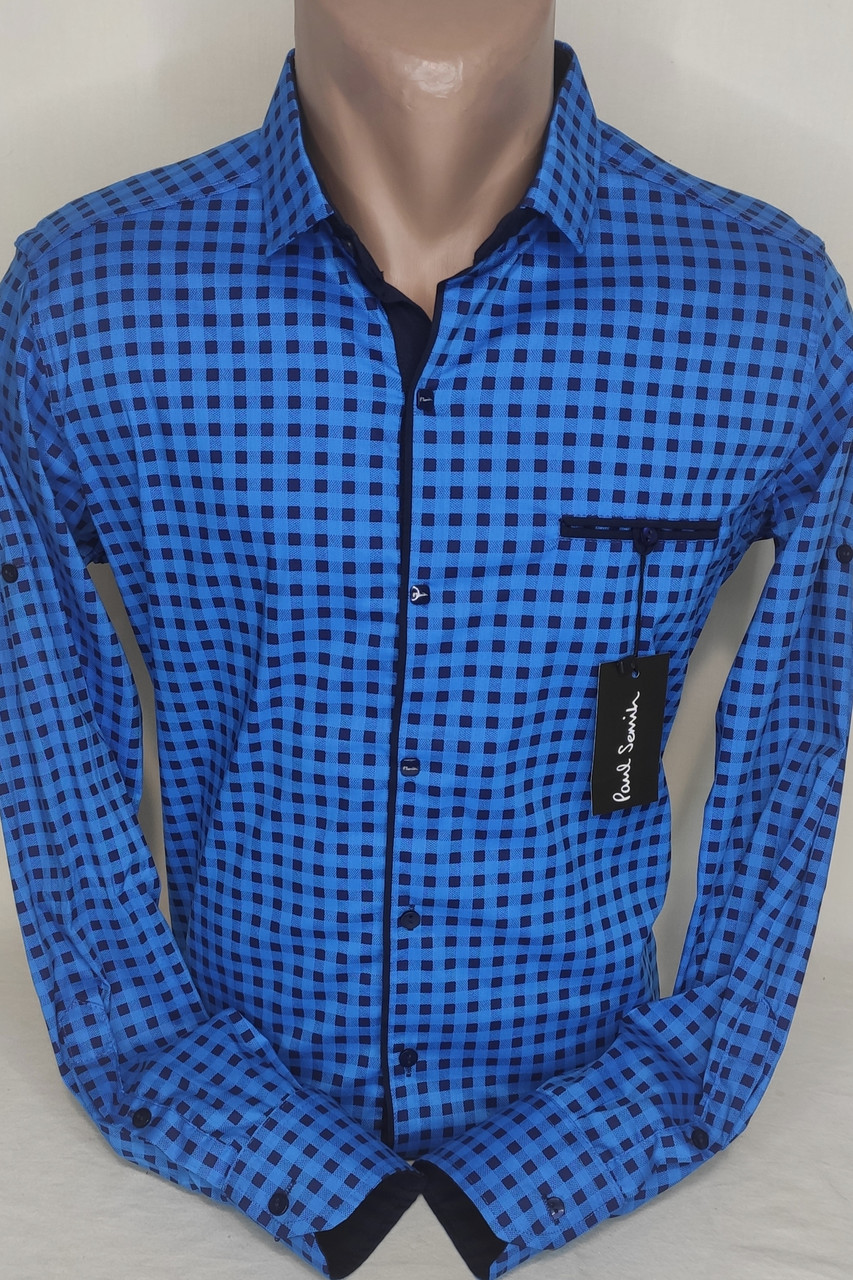 Сорочка чоловіча Paul Smith vd-0031 картата синя приталена Туреччина, стильна, молодіжна, бавовна S