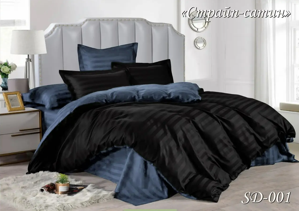 Постільні набори 200х220 Євророзміру, Євро постіль сатин у смужку  Double Stripe Satin Чорний