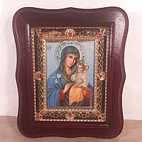 Икона Неувядаемый Цвет Пресвятая Богородица, лик 10х12 см, в темном деревянном киоте с камнями