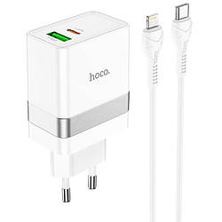 Зарядний пристрій для телефону із швидкою зарядкою PD/QC3.0 + кабель Lightning HOCO N21 |1USB/1Type-C, PD/QC, 3A/30W| Білий