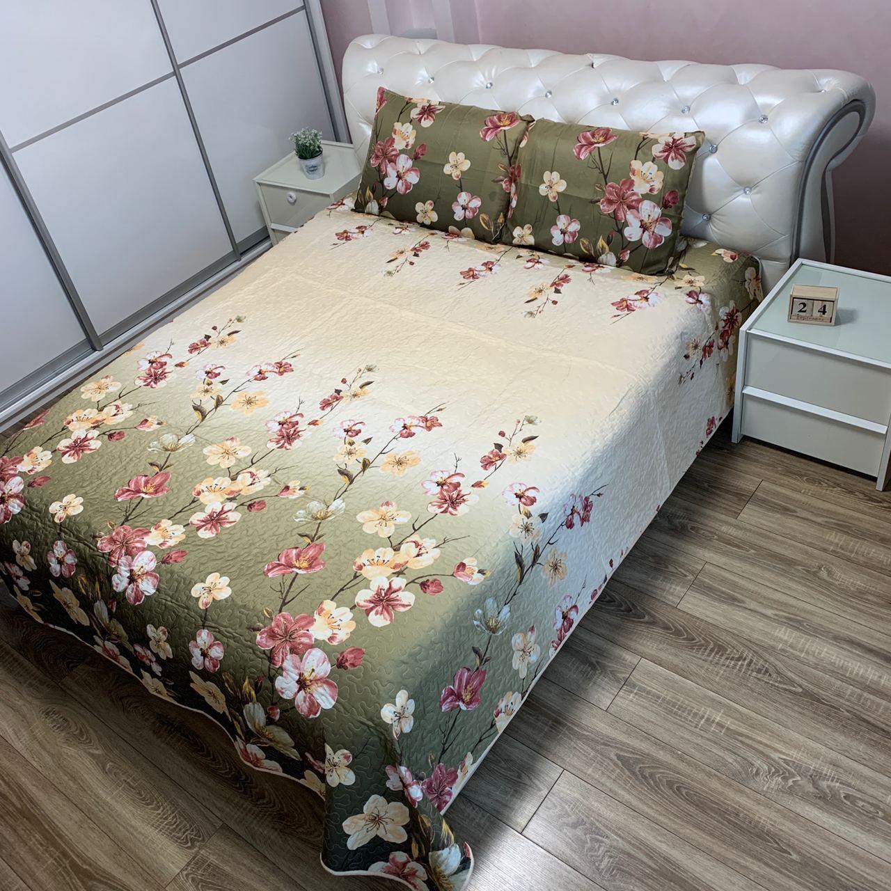 Покривало на диван ліжко з квітковим принтом, оливкове (М15-1)
