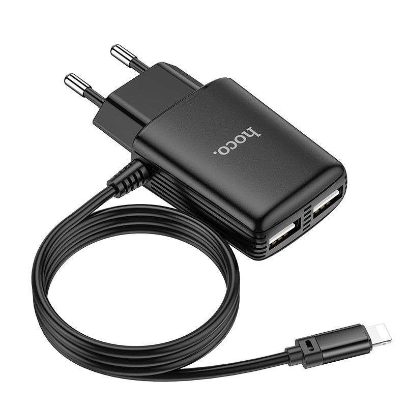 Зарядний пристрій для телефону із вбудованим кабелем Lightning HOCO C82A |2USB, 2.4A| Чорний