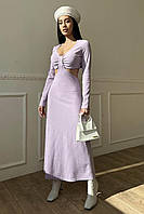 Платье миди женское трикотажное облегающее с длинным рукавом и вырезами сиреневое