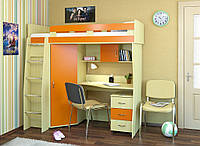 Кровать чердак с встроенным столом и шкафом "Каприз" дуб молочный+оранж