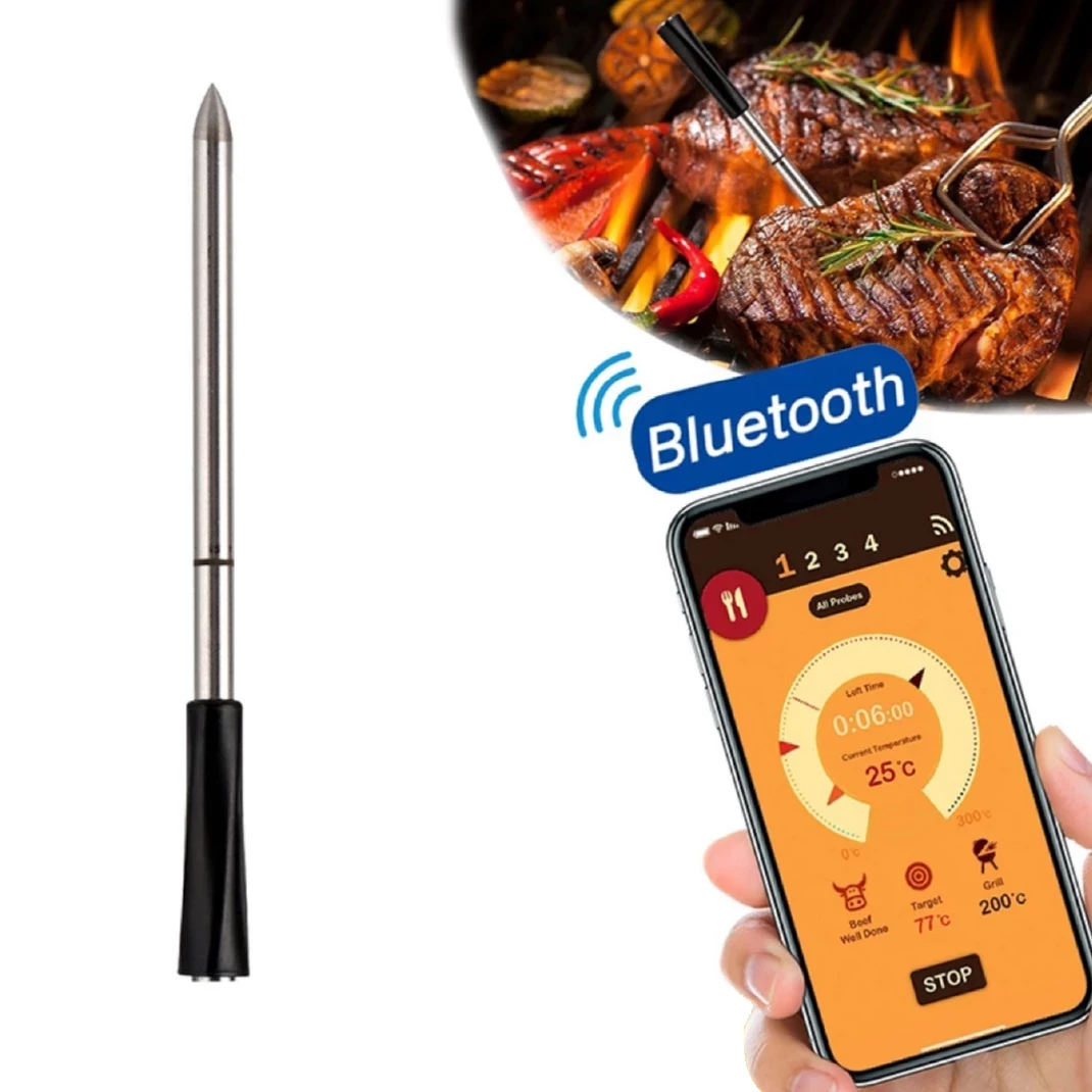 Термометр щуп для м'яса, стейка бездротовий bluetooth, для гриля, духовки, барбекю — Чорний