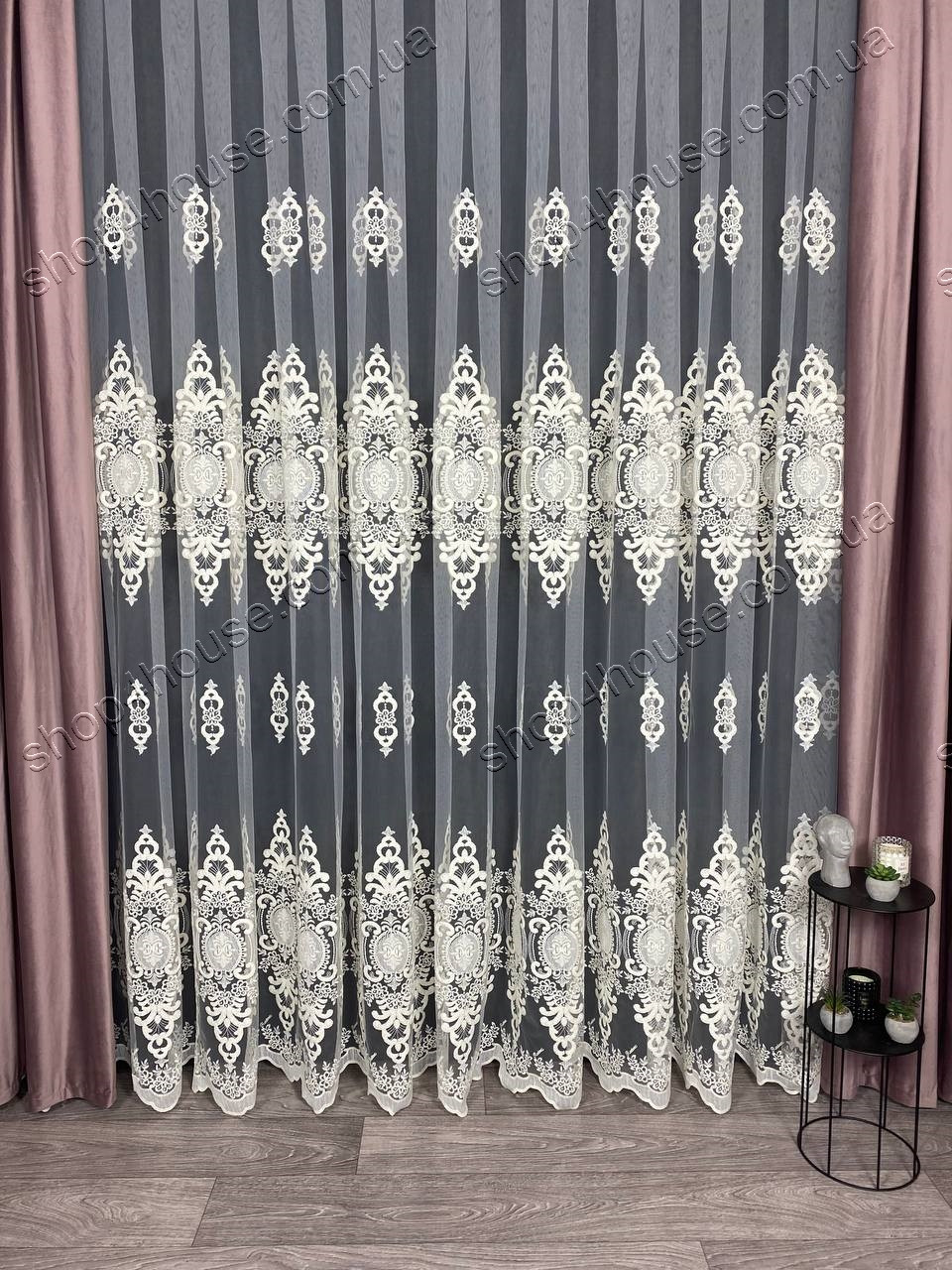 Ціна за 2 м! Тюль на основі турецького фатину з об'ємною вишивкою купонів. Колір: молочний, фото 1