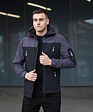 Куртка весняна молодіжна чоловіча на блискавці, Чоловічі куртки з капюшоном softshell чорно-сіра, фото 4
