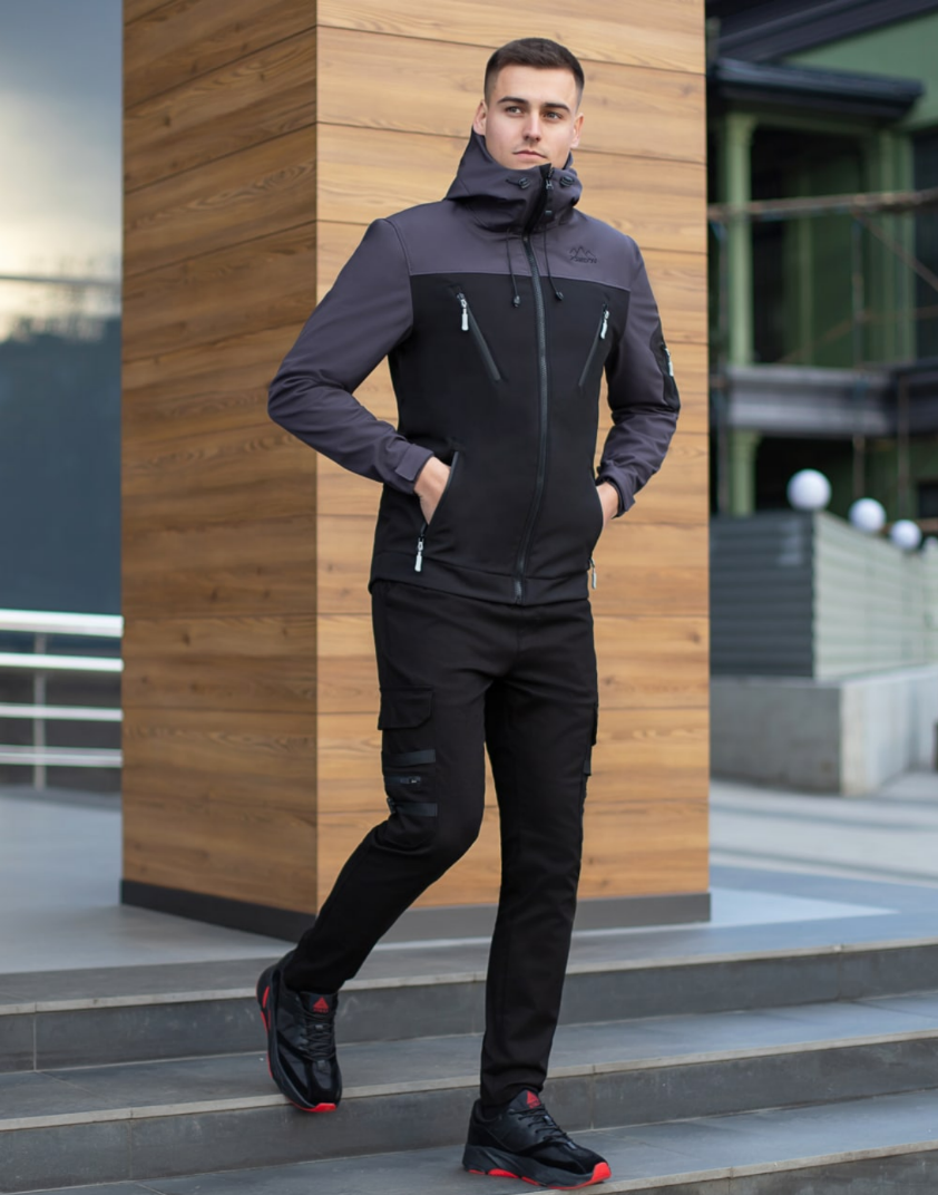 Куртка весняна молодіжна чоловіча на блискавці, Чоловічі куртки з капюшоном softshell чорно-сіра, фото 1
